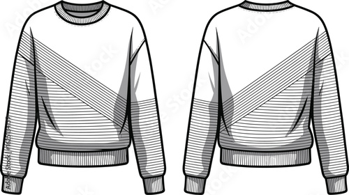 Cad drawing flat vector illustration, sweater fashion sketch, lace yoke detail, front back view, garment template, apparel design