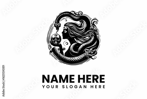 Silhouette of a woman with flowing hair a skull with an eye and a coiled snake.
