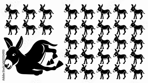Collection of black donkey silhouettes in various poses including standing and jumping on a white background