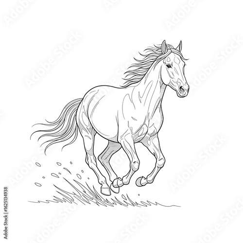 Detailed line drawing of a galloping horse with flowing mane and tail in a dynamic pose running free