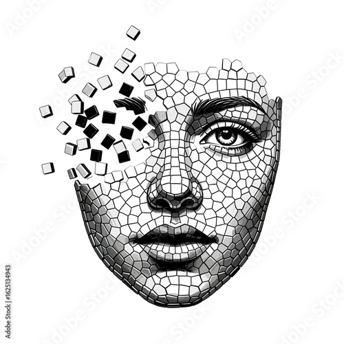 Fragmented mosaic face with cubes detaching from the left side in a grayscale artistic rendition