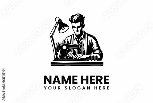 Stylish Tailor Working at Vintage Sewing Machine Under Lamplight.