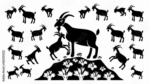 Silhouette illustration of a herd of goats in various poses on a hill with plants and flowers