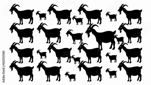 Silhouette illustration featuring a multitude of goats of varying sizes arranged on a white backdrop