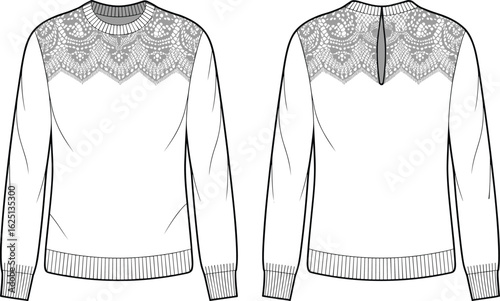 Cad drawing flat vector illustration, long sleeve top, lace yoke blouse, fashion sketch, technical garment template, detailed clothing design