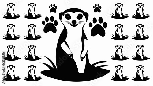 Black and white illustration of meerkats standing upright with paw prints above them on a white background silhouette
