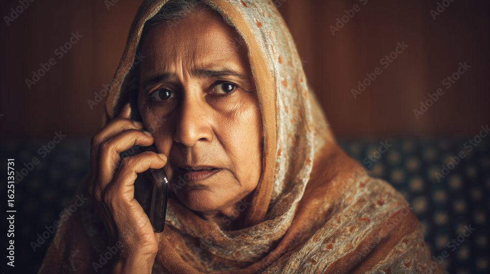 Naklejka premium Vulnerable senior indian woman talking on the phone to a scammer. AI fraud phone scam. Vulnerable lonely elderly pensioner using mobile. Artificial intelligence scamming. Bank fraud 