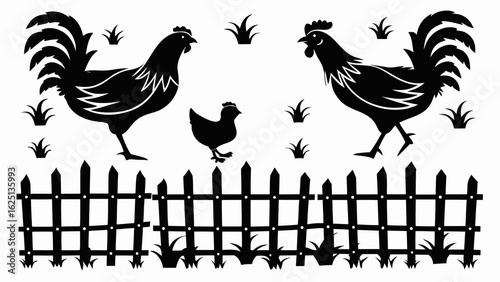 Black and white silhouette of two roosters and a hen behind a fence with grass decorations around them