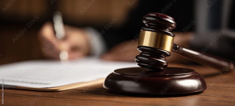 The gavel resting on a legal document in a professional courtroom setting. The gavel resting on a legal document in a professional courtroom setting.