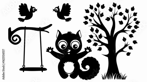 Silhouette of a squirrel with birds a tree and a swing hanging from a branch in black and white style