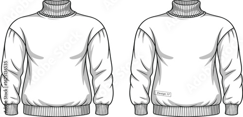  Flat Vector Illustration of a Classic White Turtleneck Sweater, Perfect for Winter Fashion Designs, Layering, and Apparel Mockups, Front and Back View