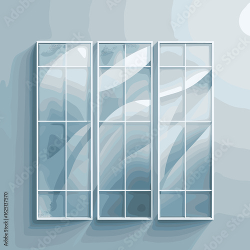 Modern three-panel glass window with blue abstract background  