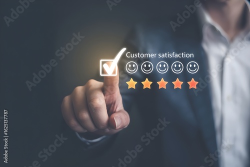 A hand pointing to a glowing five star rating icon, highly detailed, realistic, cinematic lighting, digital art