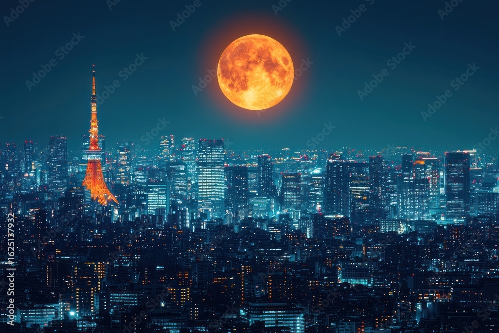 Obraz premium Night city skyline, orange moon