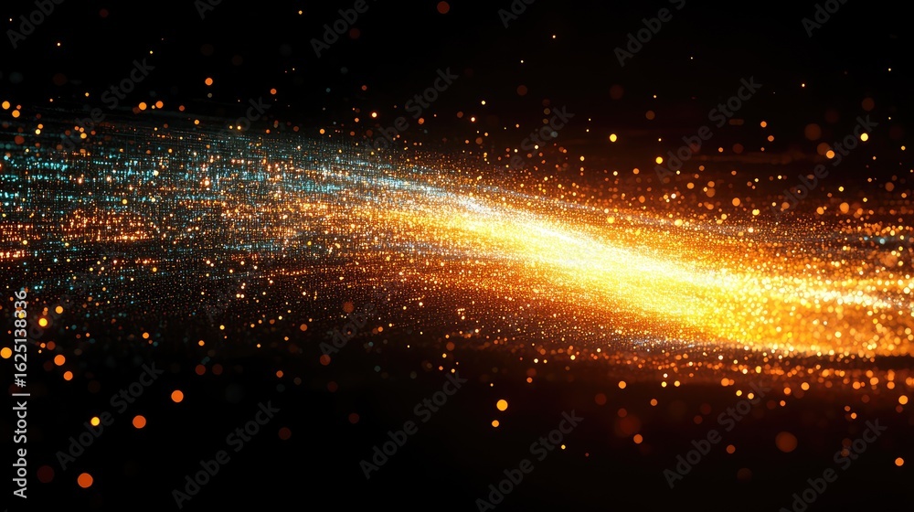 Fototapeta premium Dynamic particle stream with glowing effects on dark background illuminating the scene