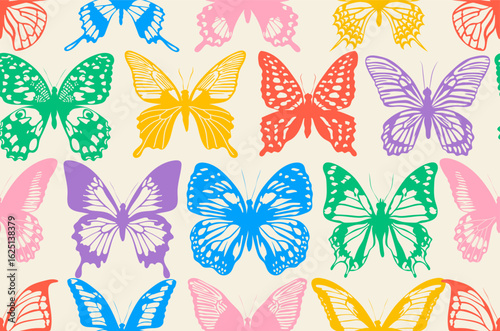 Seamless pattern with butterflies. Butterfly silhouette seamless pattern background design template. Random colorful butterfly, cute girly pastel. Vector graphics, illustration.