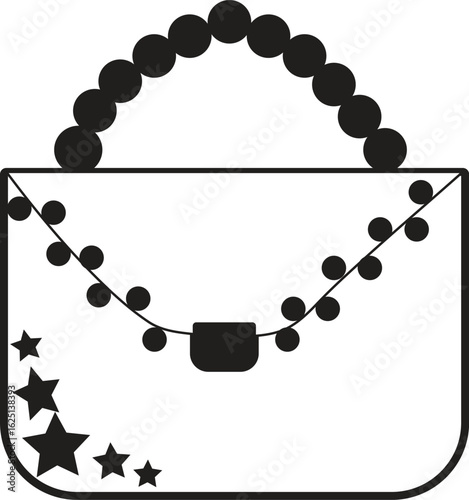 Line art icon of a stylish handbag with a beaded handle and star decoration. A conceptual design for fashion and accessories.
