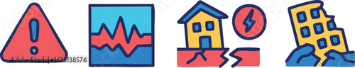 A set of colorful icons depicting an earthquake disaster, showing a warning sign, seismic waves, and damaged buildings.