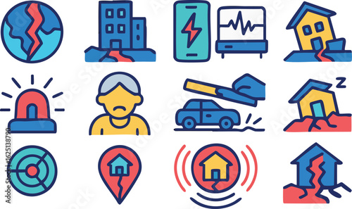 A collection of colorful icons illustrating an earthquake, including seismic activity, building damage, emergency alerts, and human response.
