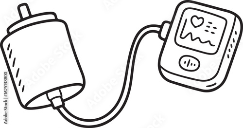 Blood Pressure Monitor with Cuff in Doodle Style Vector Illustration