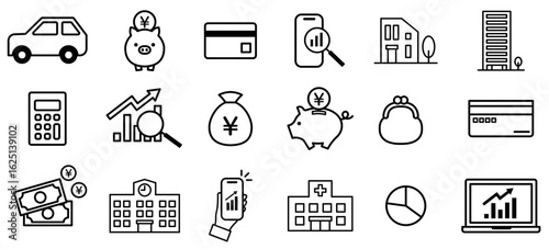 お金に関するライフステージ向けのアイコンセット白黒