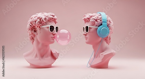 3d icon of two pink busts of david wearing sunglasses and headphones blowing bubble gum