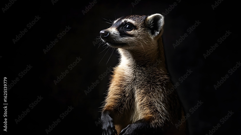 Fototapeta premium Graceful Curiosity: An Alert Coati Standing Upright, Captured in a Detailed and Elegant Studio Portrait