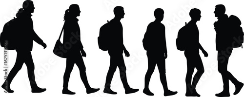 Group of people walking, travel journey, backpackers silhouette, students hiking together, team movement, flat vector cad drawing, outdoor lifestyle design