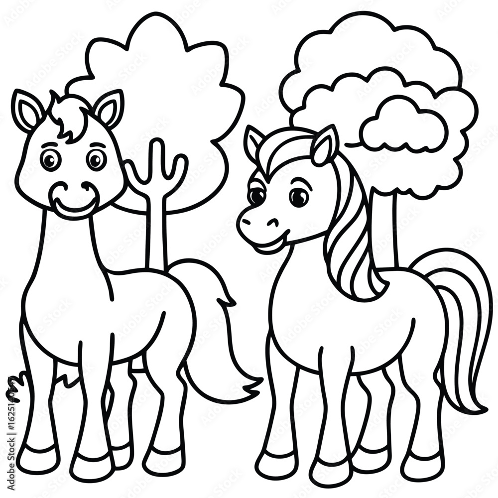 Naklejka premium Two happy cartoon horses standing in a field with trees and fluffy clouds above them