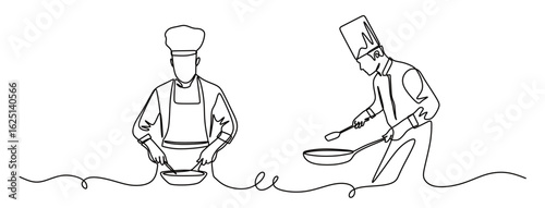 Continuous line art of a team of professional chefs cooking. Cooking competition in an event. This icon is for a poster or logo of a restaurant.
