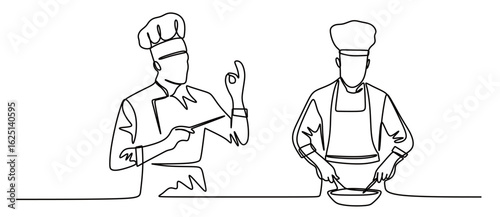 Continuous line art of a team of professional chefs cooking. Cooking competition in an event. This icon is for a poster or logo of a restaurant.