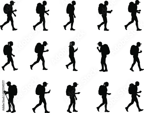 Wallpaper Mural Silhouette people hiking, trekking with backpack, walking poses, outdoor adventure, trail walking, vector characters set, cad drawing flat vector illustration Torontodigital.ca