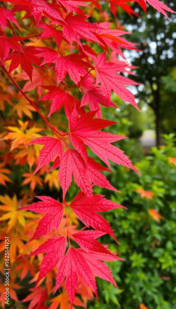 A close up shot of bright red maple leaves with yellow and green foliage in the background outdoors A close up shot of bright red maple leaves with yellow and green foliage in the background outdoors