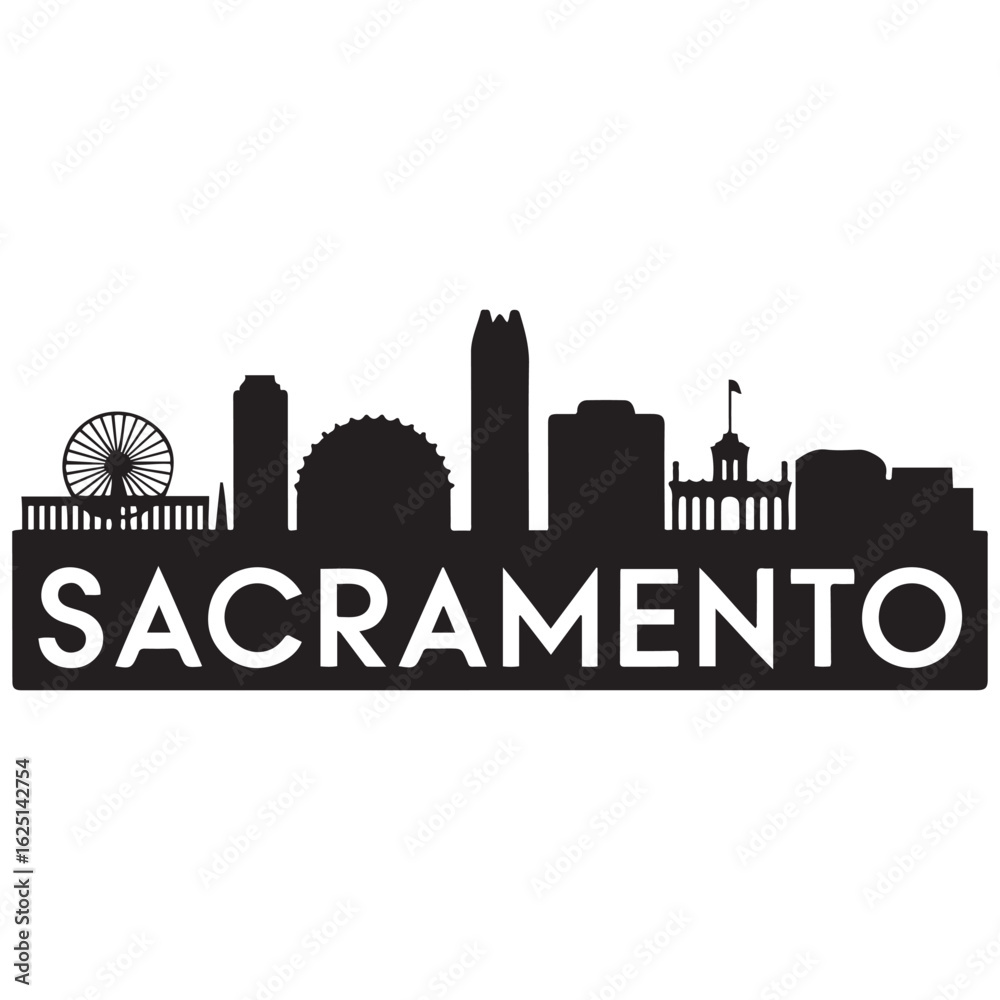 Fototapeta premium Vector Sacramento skyline. Travel Sacramento famous landmarks. Business and tourism concept for presentation, banner, web site. Vector black silhouette. with white background