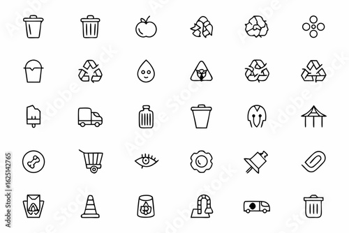 A clean and practical set of minimalist line art icons focused on proper waste handling and garbage disposal. Ideal for municipal services, waste collection companies, and recycling centers