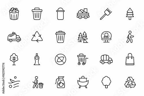 A city-centric line icon collection illustrating waste infrastructure, public sanitation, and street cleaning services. Perfect for urban planning presentations, civic projects, and smart city apps