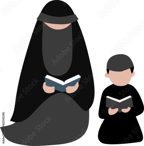 Muslim Mother and Son Reading Quran Together - Faceless Illustration