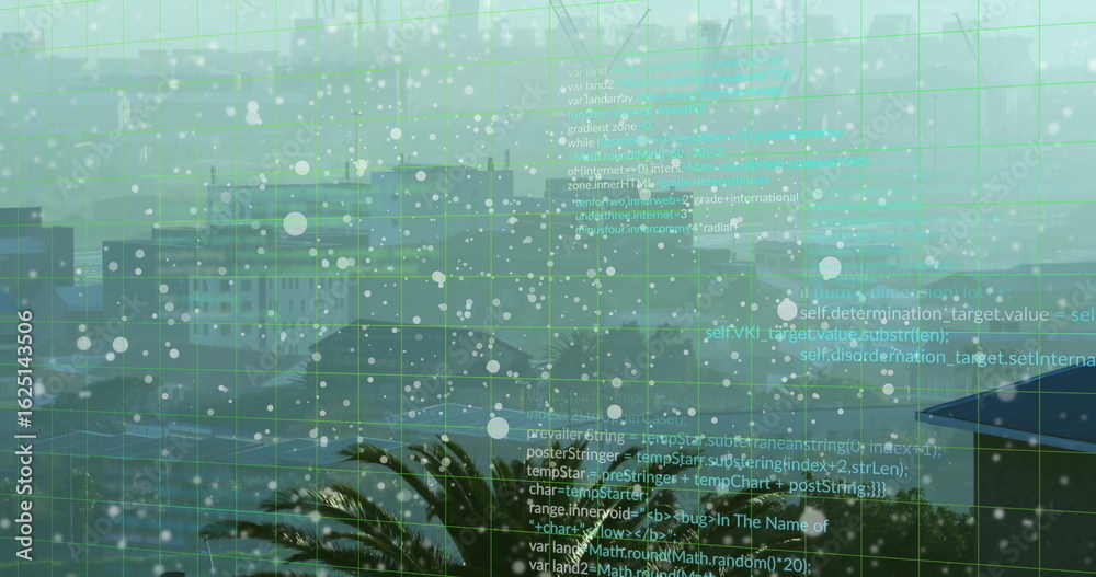 Fototapeta premium Viewing skyline through raindrop flecked glass at high-rise deck, with palm frond and code overlay