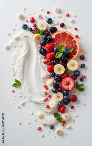 White Background with Artistic Yogurt Splash and Juicy Fruit and Berries

