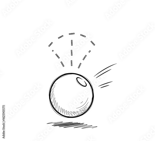 Sketch of a bouncing sphere with motion lines and impact indicators above the sphere and at the bottom
