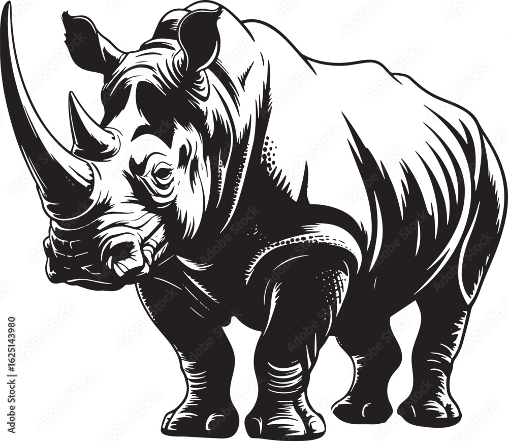 Fototapeta premium Detailed Black and White Vector Illustration of a Rhinoceros with Prominent Horns and Textured Skin