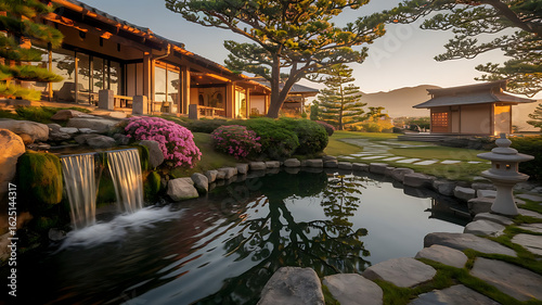 Japanese garden with fountain and garden