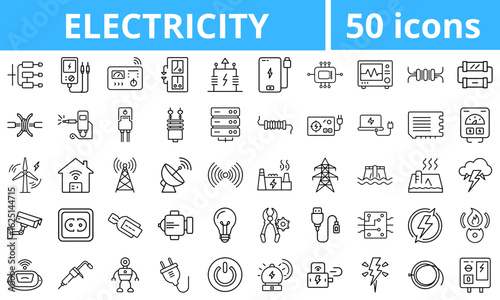 Electricity and Electronics Icon Set – devices, generators, circuits, safety, tools with black outline on transparent background  