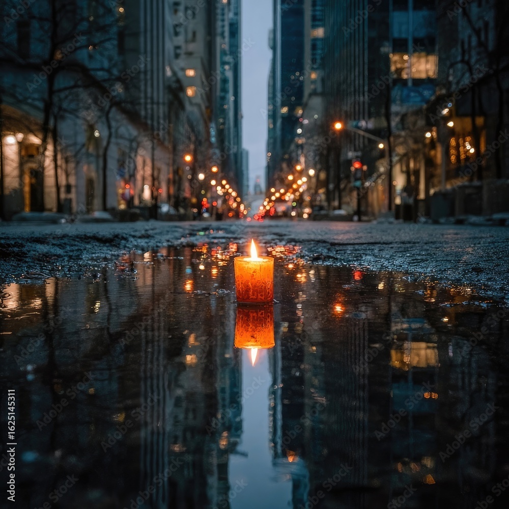 Fototapeta premium Urban night scene with a candle in a puddle