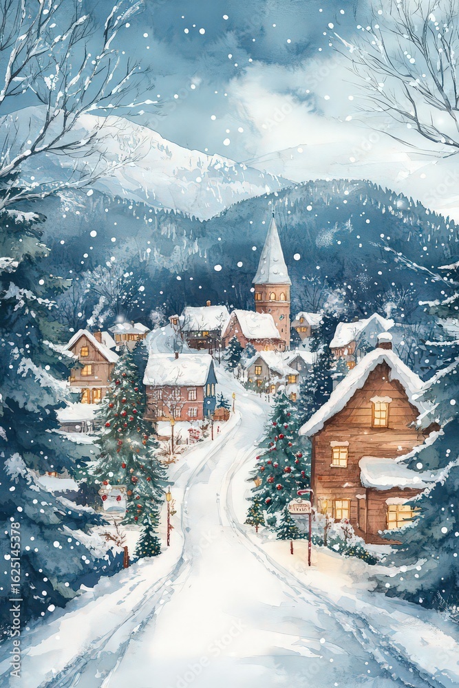 Fototapeta premium A charming winter village scene, perfect for Christmas design, with snow-covered houses, snowflakes and a calm holiday atmosphere.