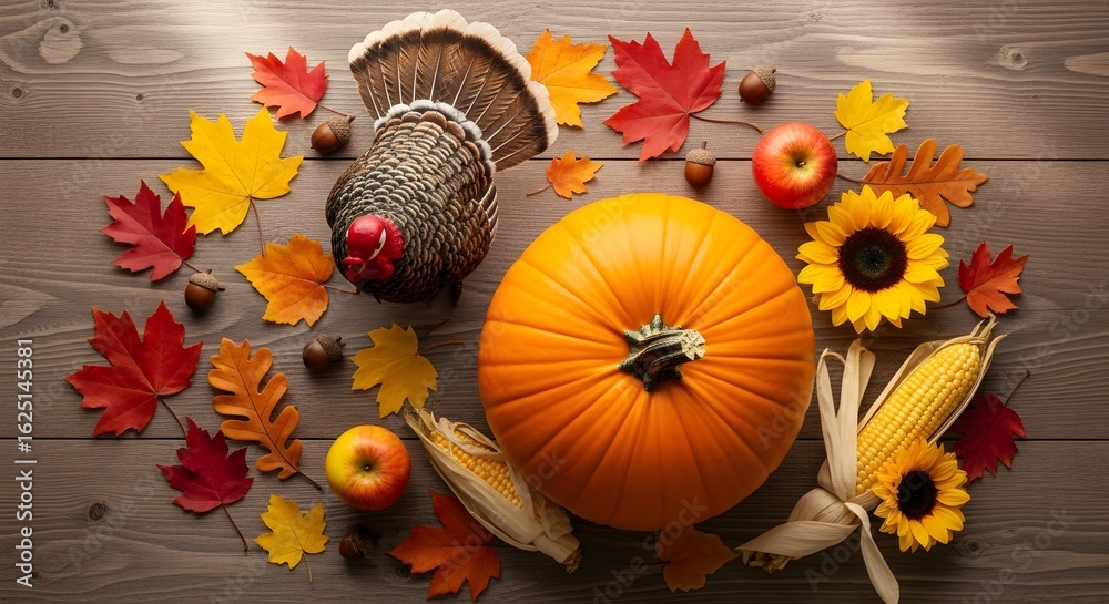 Naklejka premium Autumnal Abundance: Thanksgiving Harvest Still Life with Turkey, Pumpkin, and Sunflowers
