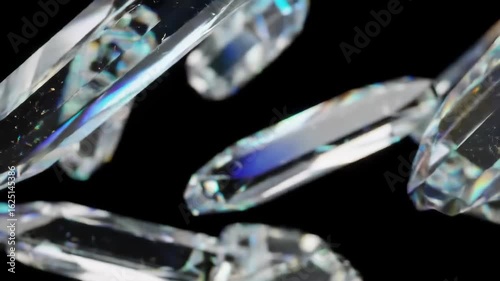 A mesmerizing 3D animation of realistic, brilliant diamonds and quartz crystals slowly rotating and floating against a black background with rainbow refractions.