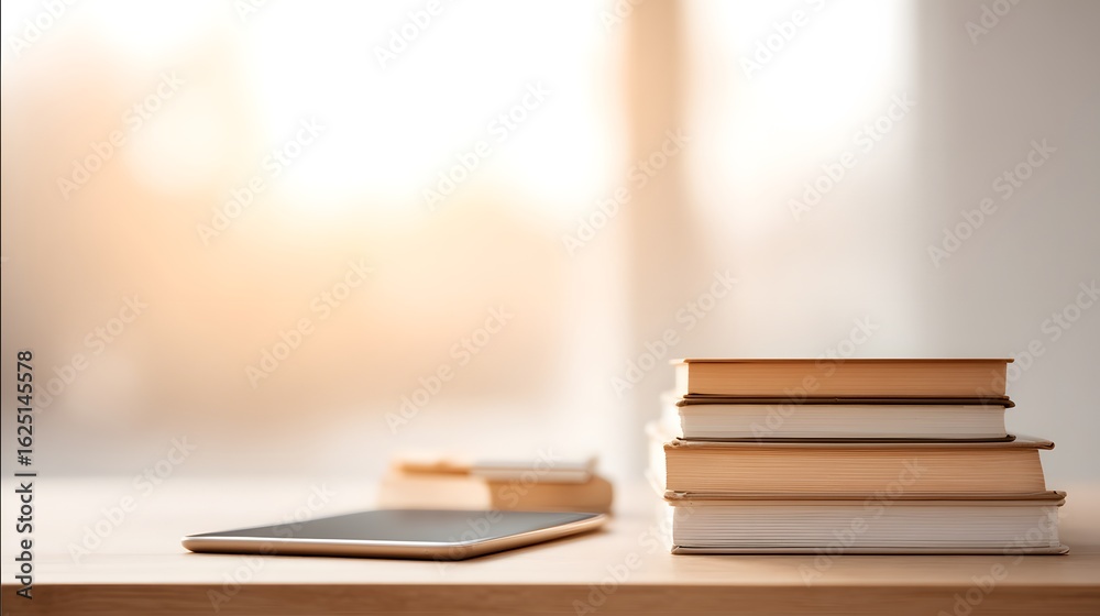 Fototapeta premium blurred image of a desk arranged with textbooks, stationery, and a tablet playing educational content, morning sun glare