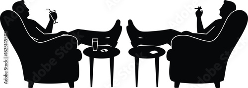Two men relaxing in armchairs, drinking and smoking, casual lounge scene, black silhouette, retro lifestyle concept, flat cad vector illustration