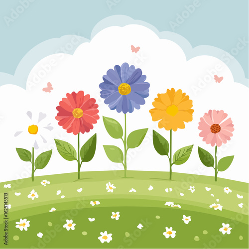 Colorful flower garden blooms in a sunny meadow nature vibrant spring landscape whimsical viewpoint